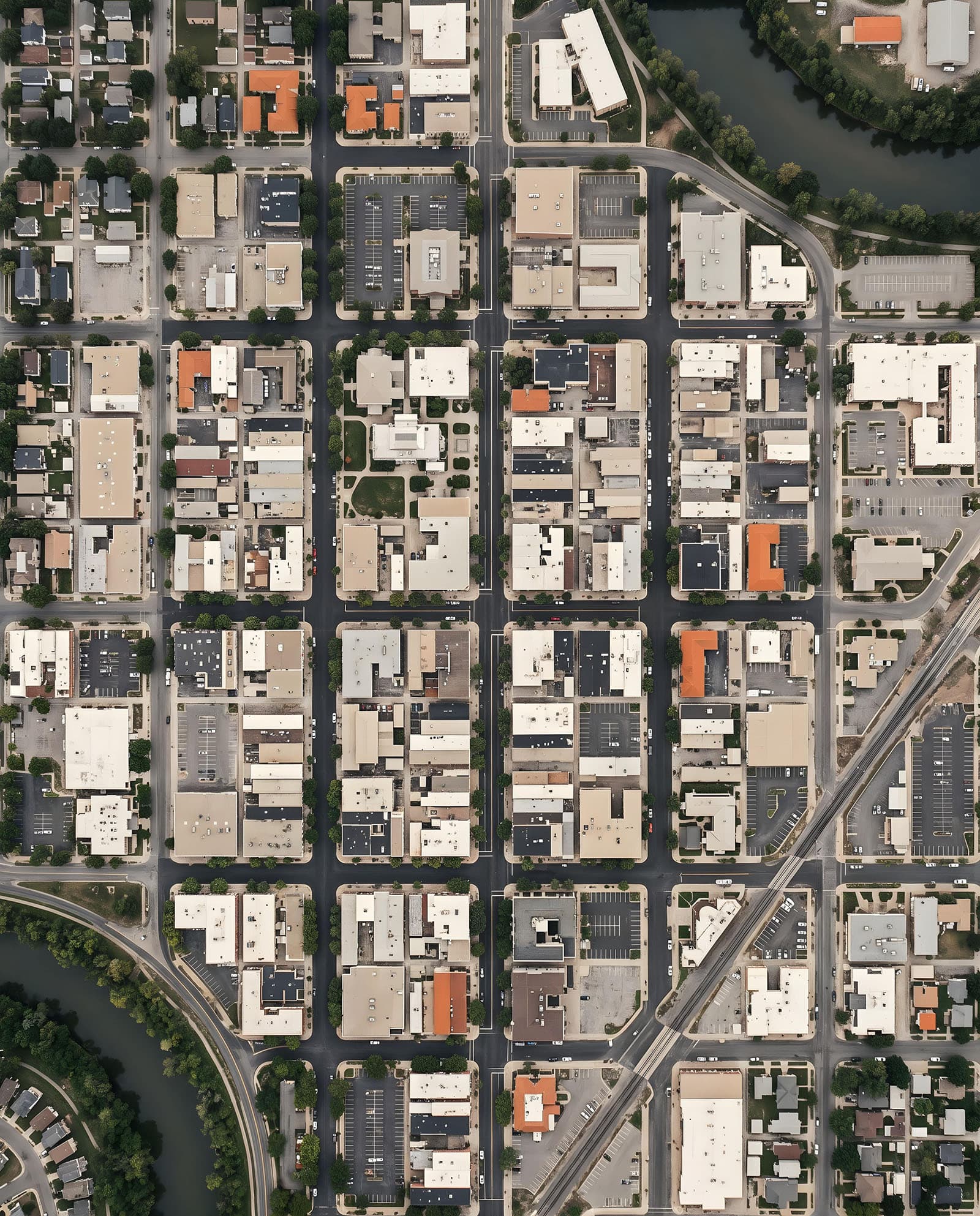 Aerial view of a small city's street grid, rooftops and tree-lined blocks seen from directly overhead