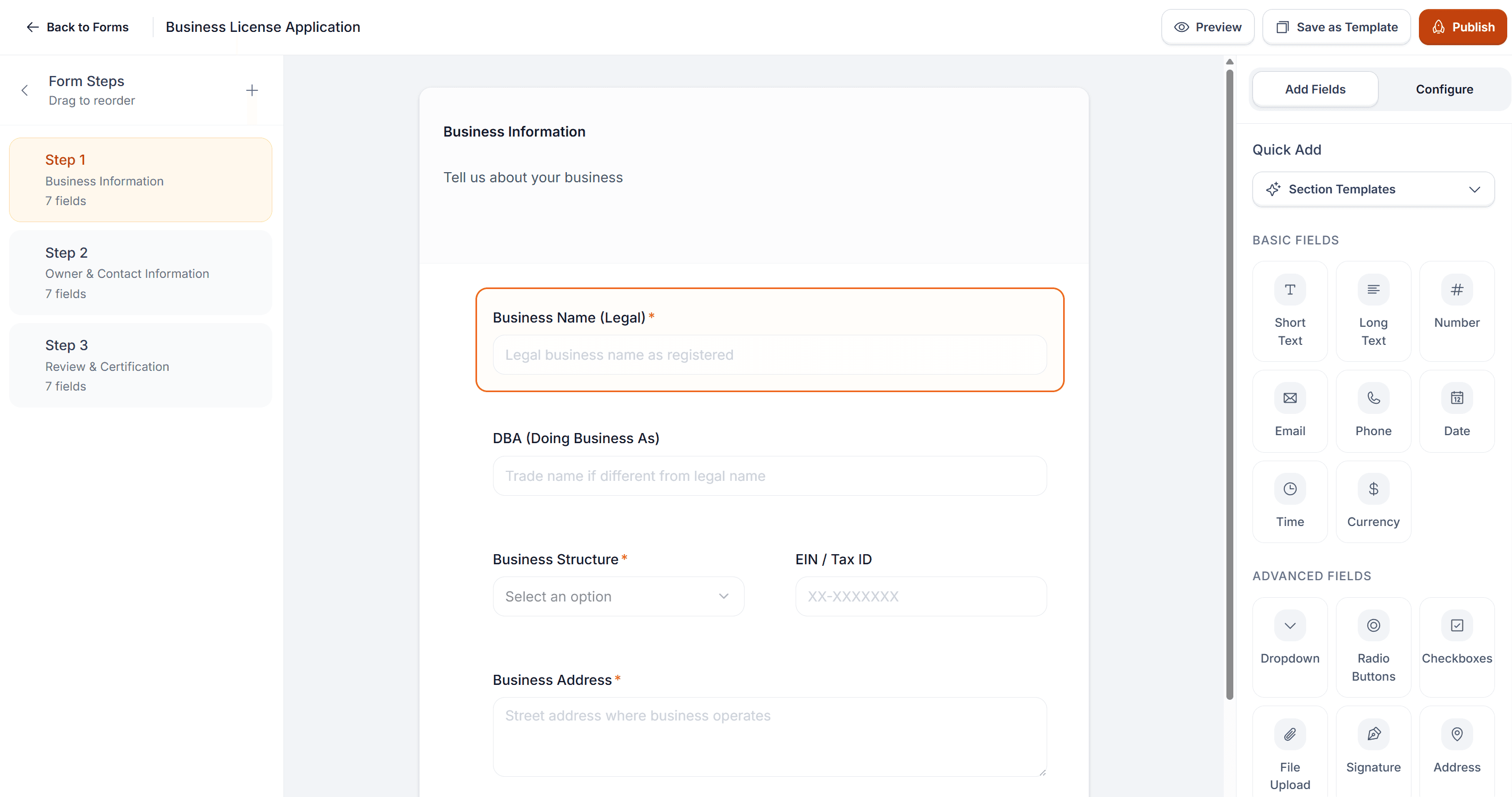 License Regulator form builder with step sidebar, canvas, and field palette